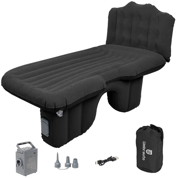 Umbrauto Back Seat Car Air Mattress with Built-in Rechargeable Pump: Cordless Inflatable Car Bed for Rear Seat Camping, 1-Click Fast Setup Thickened Flocking Sleeping Pad for Sedan, Truck & SUV