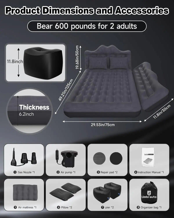 Umbrauto 29.53in/75cm Wide Car Air Mattress Inflatable SUV, Truck & Van Back Seat Camping Bed with Pump & Pillows,Black