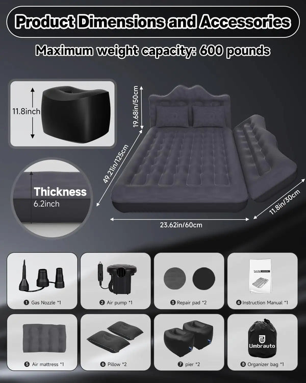 Umbrauto 23.62in/60cm Wide Inflatable Truck Mattress Car & SUV Back Seat Camping Bed with Pump