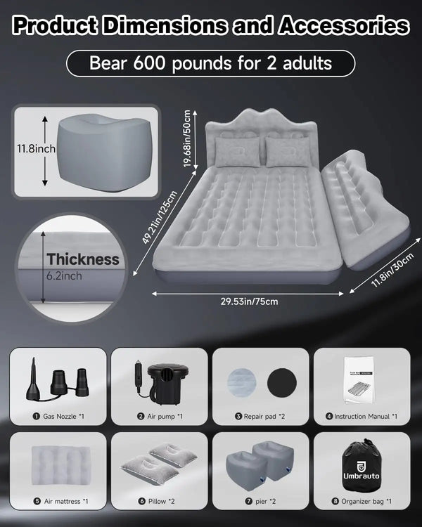Umbrauto 29.53in/75cm Wide Car Air Mattress Inflatable SUV, Truck & Van Back Seat Camping Bed with Pump & Pillows, Gray