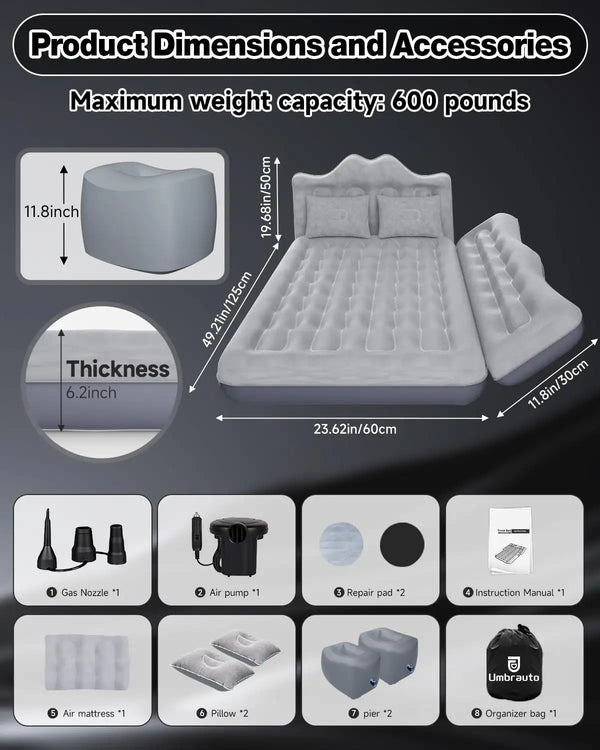 Umbrauto 23.62in/60cm Wide Inflatable Truck Mattress Car & SUV Back Seat Camping Bed with Pump
