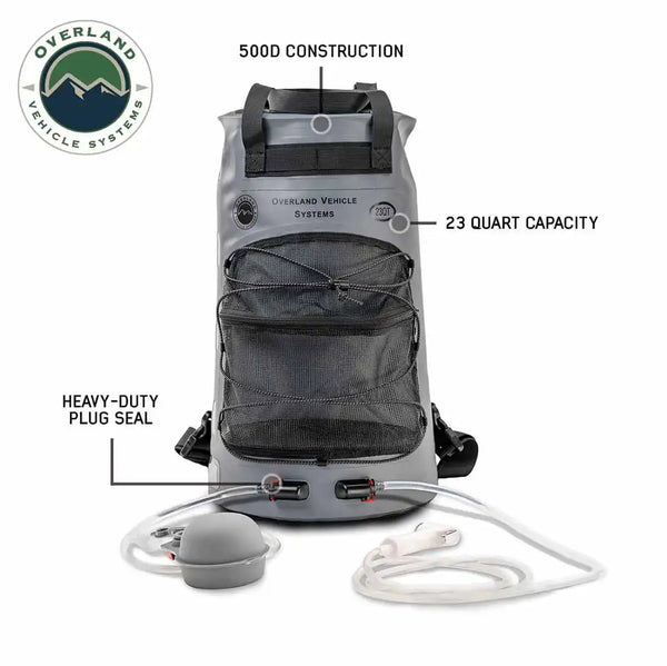 Portable Camp Shower - 23 QT, Nozzle, Foot Pump, and Mesh Storage