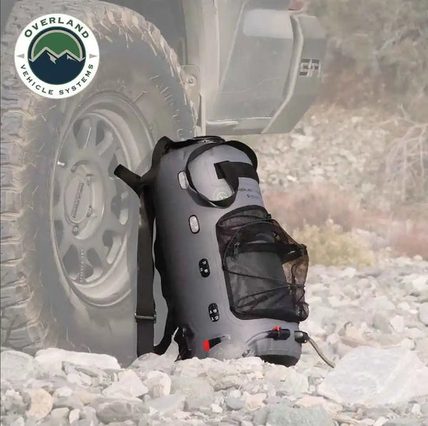Portable Camp Shower - 23 QT, Nozzle, Foot Pump, and Mesh Storage